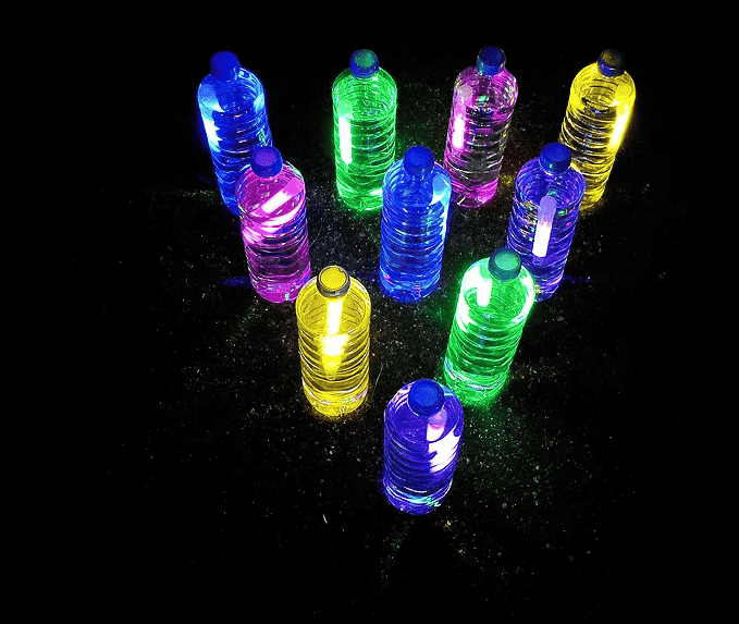 Glow in the dark bottles for bowling.