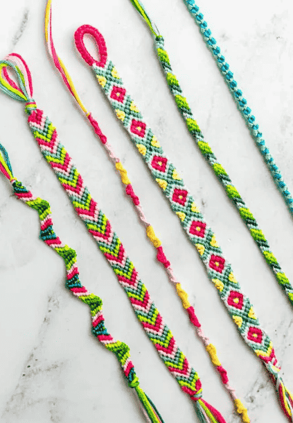Friendship bracelets grouped together.
