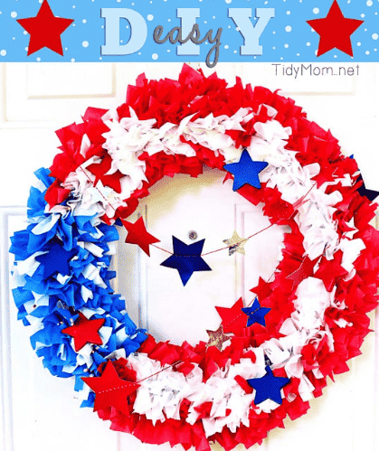 Plastic tablecloth turned into a wreath with stars.