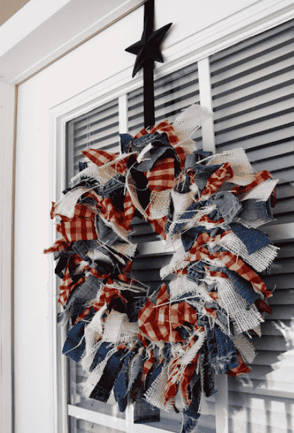 Rag wreath made out of strips of fabric.
