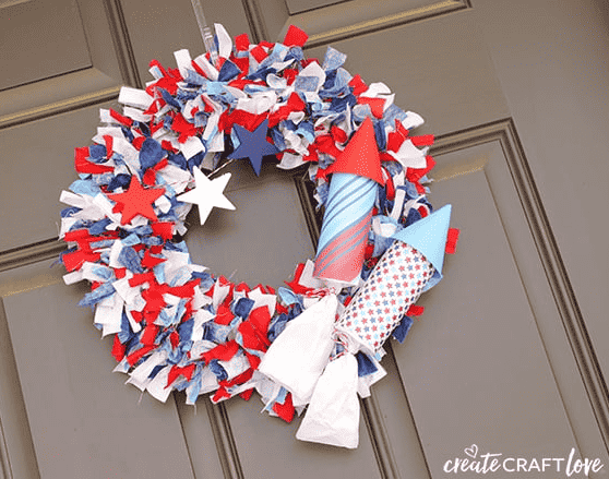 Firecracker rag wreath on door.