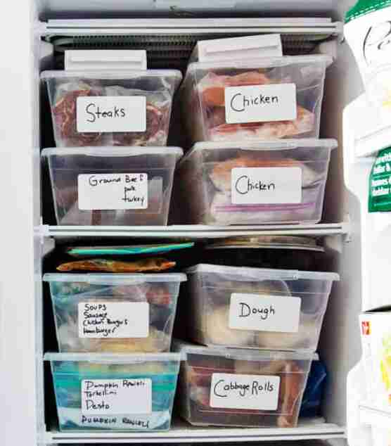 Containers in the freezer grouped by category.