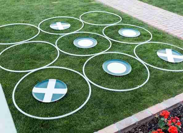Hula Hoops in the yard for tic tac toe.