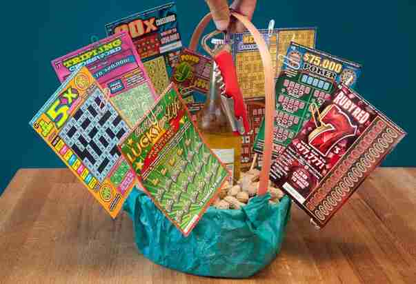 Gift basket with lottery tickets.