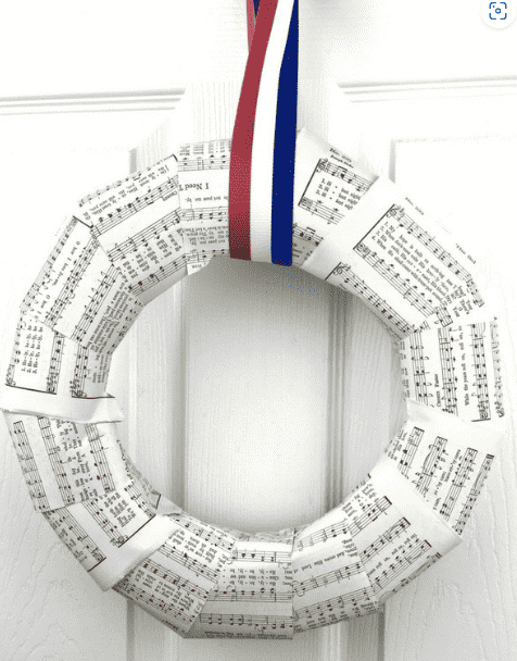 Wreath with old hymn pages.