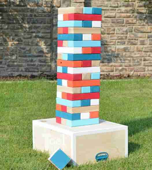 Giant Jenga board in the yard.
