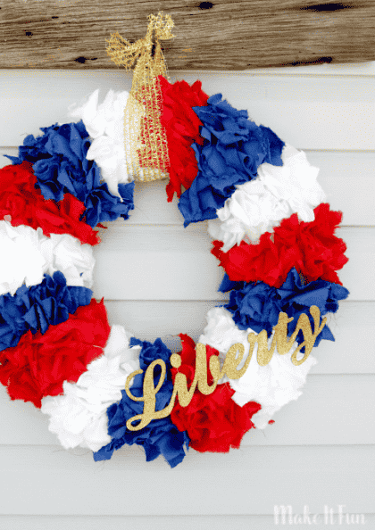 Fabric wreath in red, white and blue.