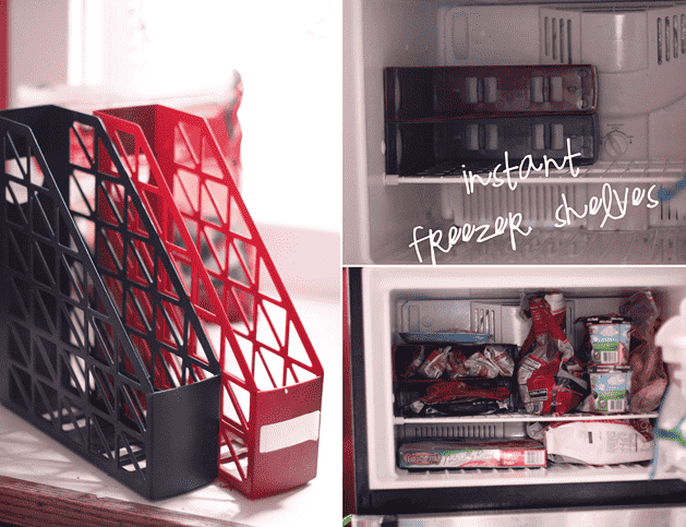 Magazine holders with frozen food.