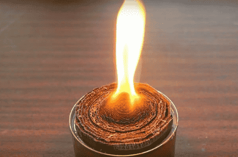 Can with fire starter material and flame.