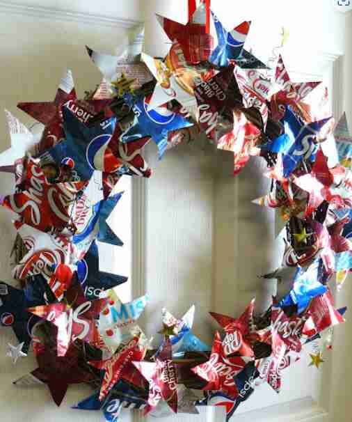 Soda can wreath cut into stars.