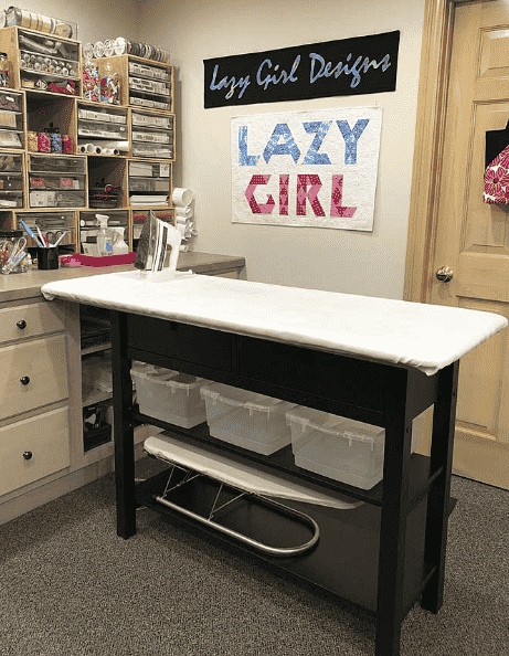 Ikea table transformed into ironing station.