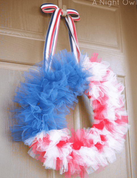 Wreath made out of tulle in red, white and blue.