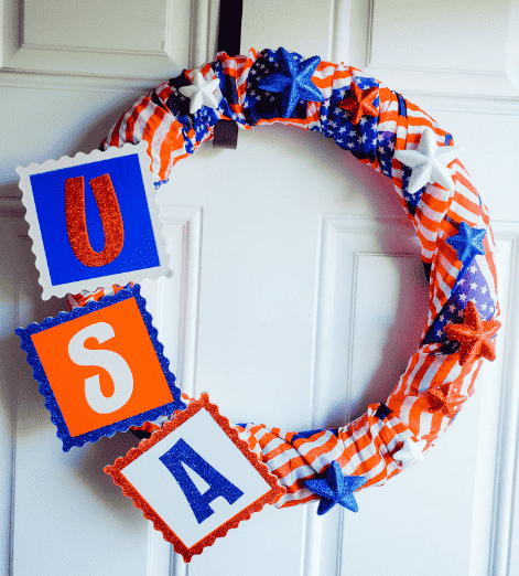 Pool noodle wreath with USA on it.