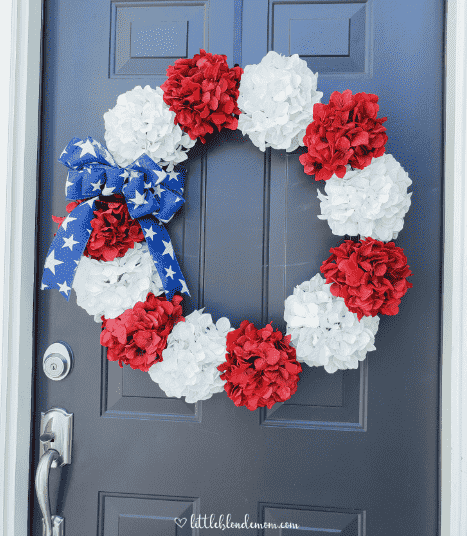 Hydrangea wreath in patriotic colors.