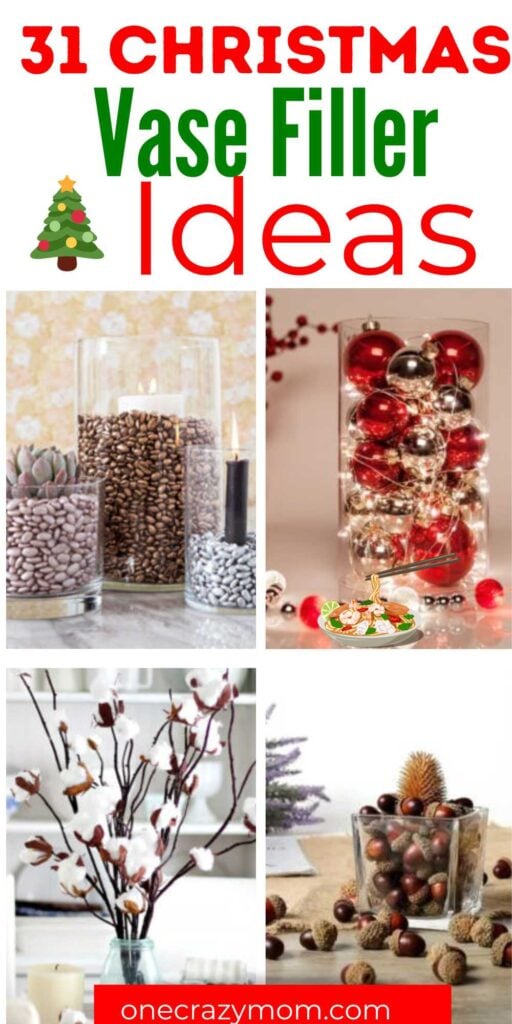 Step up your holiday decor game with these stunning 31 Christmas vase filler ideas. Get ready to transform your home into a winter wonderland with these filling vases ideas with lights, water beads, pine cones, water, jingle bells, ornaments and more. These simple ideas include apothecary jars, dollar store vases, farmhouse ideas and much more for the best decor. #onecrazymom #christmasvasefillerideas #christmasdecoratingideas
