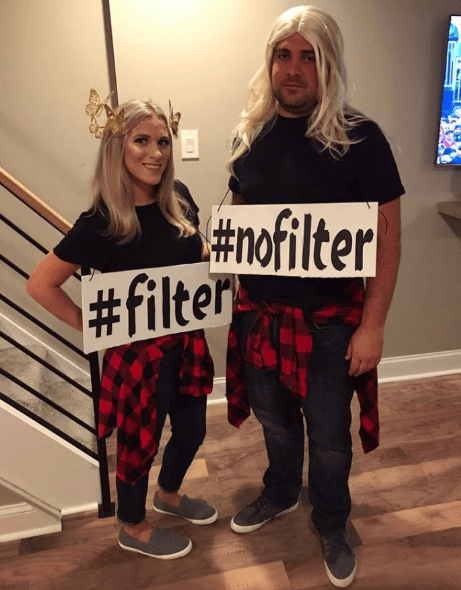 Couple dressed as filter and no filter costume.