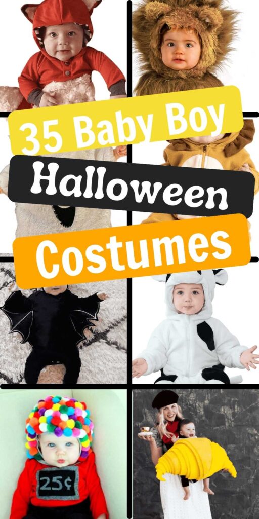 35 Baby Boy Halloween Costumes that are absolutely adorable. These simple costume ideas are perfect for babies, newborns and toddlers. Each idea is so fun and unique for your baby boy. These costumes are perfect for babies first Halloween. #onecrazymom #babyboyhalloweencostumes #halloweencostumesdiy