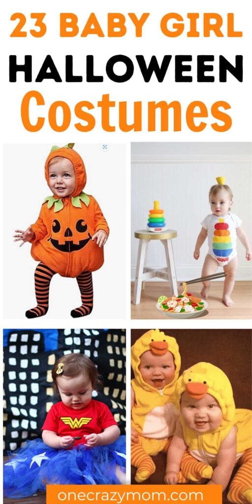 Discover a collection of 23 charming Baby Girl Halloween costumes. These costume ideas provide effortless options to dress up your baby for Halloween. Choose from lots of options including DIY options as well. #onecrazymom #babygirlhalloweencostumes #halloweencostumes