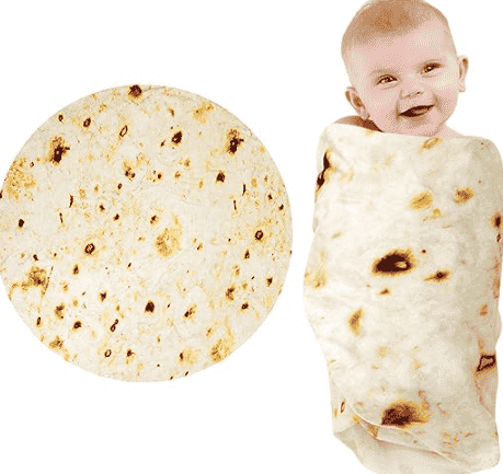 Baby wrapped in burrito blanket.