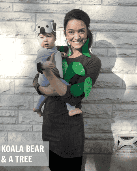 Baby in a koala costume and mom in tree costume.