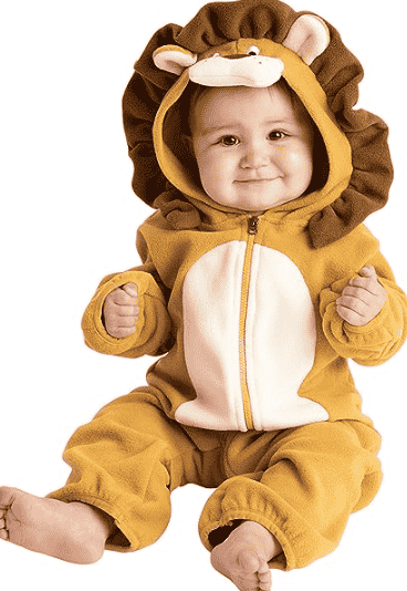 Lion costume on baby sitting up.
