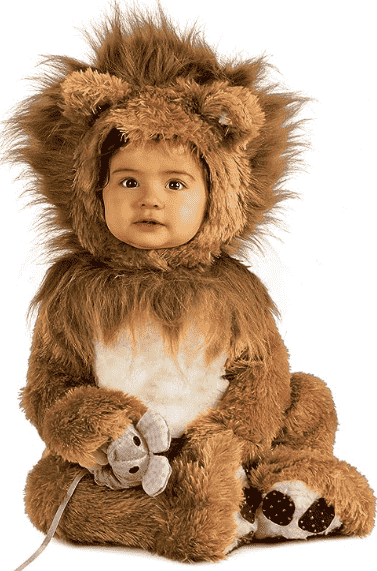 Baby in lion cub costume sitting up.