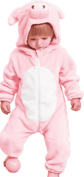 Child in pig costume standing up.