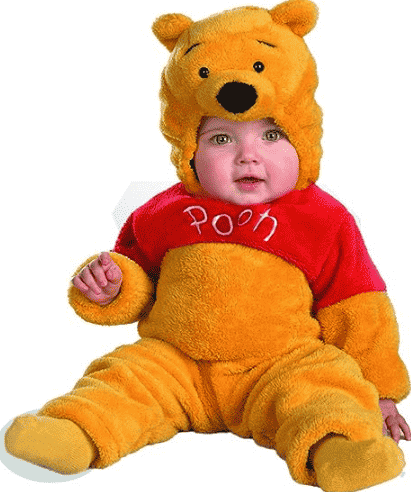 Baby in pooh costume sitting up.