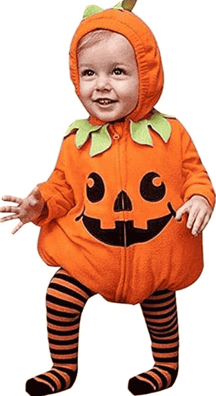 Pumpkin costume on child with tights.