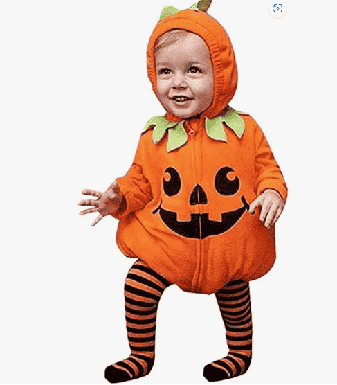 Child in pumpkin costume.