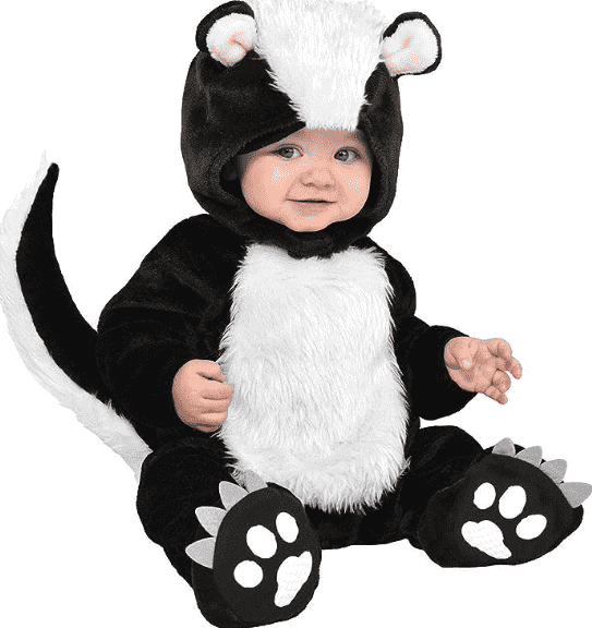 Baby in skunk costume.