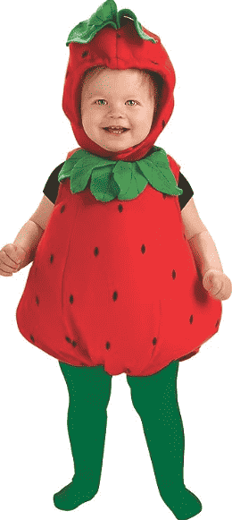 Baby in strawberry costume.