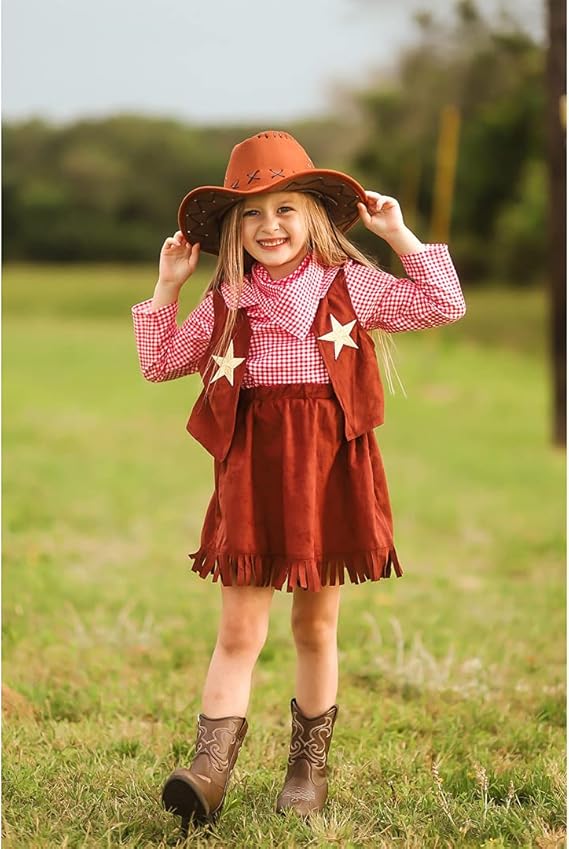 Cowgirl costume on a girl.