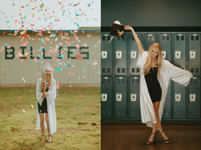 Graduate throwing confetti in the air.