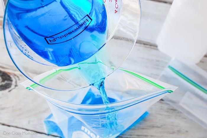 Mixture being poured into bag.