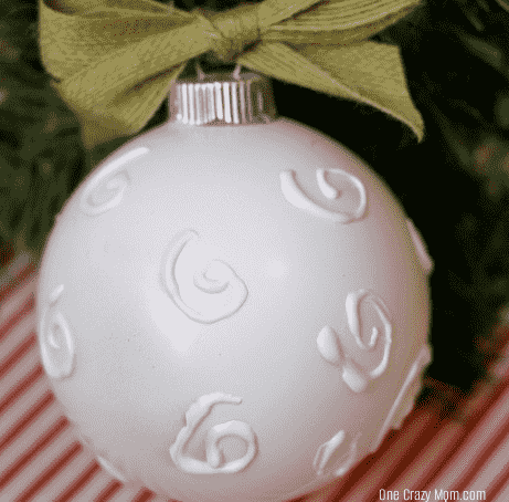 DIY Hot Glue Embellished Ornament up close. 