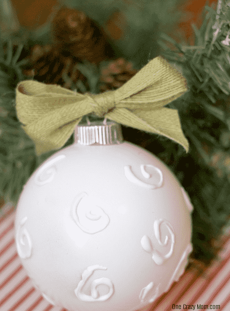 DIY Hot Glue Embellished Ornaments up close. 