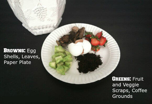 Here is your beginners guide on how to make compost at home. Composting at home isn't as hard as you might think. Learn how to make a compost pile. Plate of items to compost.