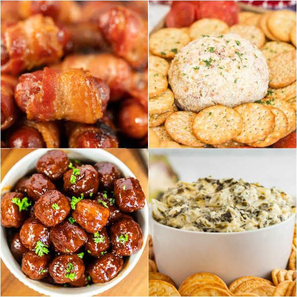 Photo collage of meatballs, spinach dip. bacon wrapped smokies and cheeseball.