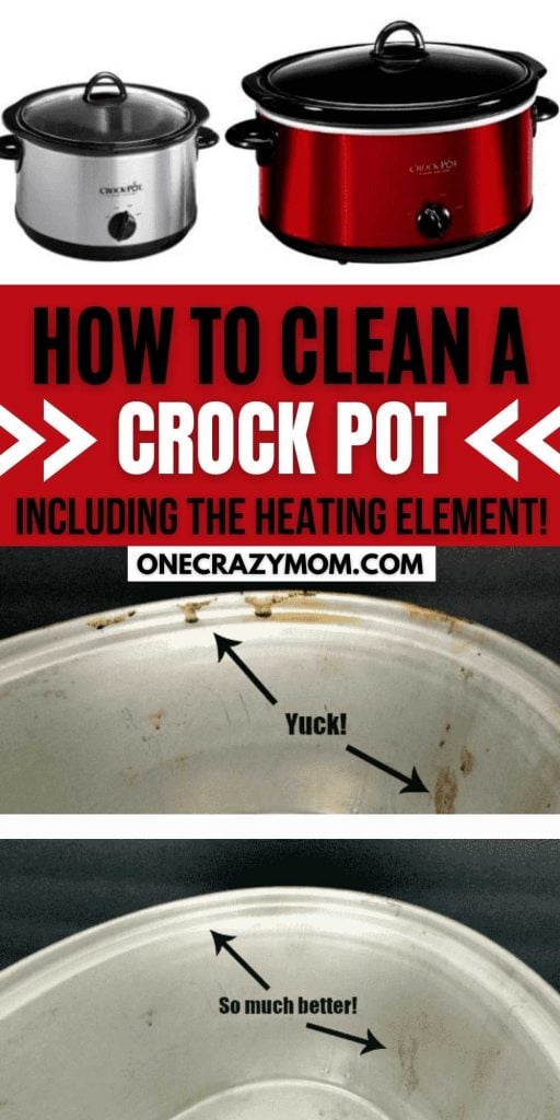 Learn how to clean a crock pot in a few easy steps. We are going to show you how to clean the inside of the crock pot including the heating element. Learn how to the clean the inside, base and heating element of your crock pot. You’ll love this cleaning hack! #onecrazymom #cleaninghacks #cleaning #crockpot
