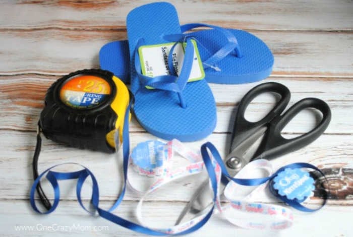 Make these Patriotic ribbon flip flops for less than $5 and in just 20 minutes! Jazz up plain flip flops and turn then into 4th of july flip flops. Supplies for july 4th flip flops - flip flops, ribbon, scissors, ruler.
