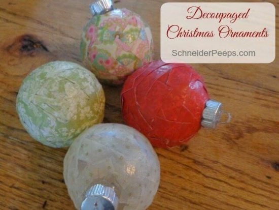We've rounded up over 30 Easy Homemade Christmas Ornaments. These DIY ornament ideas are simple to make and many use what you already have. Try these fun DIY craft ideas! Your kids will love making these easy handmade ornaments for Christmas! #onecrazymom #christmasornaments #DIYornaments Decoupage ornaments grouped together.