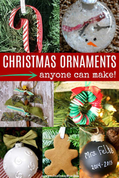 We've rounded up over 30 Easy Homemade Christmas Ornaments. These DIY ornament ideas are simple to make and many use what you already have. Try these fun DIY craft ideas! Your kids will love making these easy handmade ornaments for Christmas! #onecrazymom #christmasornaments #DIYornaments Collage of Christmas ornaments.