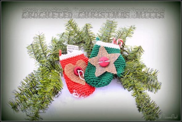 We've rounded up over 30 Easy Homemade Christmas Ornaments. These DIY ornament ideas are simple to make and many use what you already have. Try these fun DIY craft ideas! Your kids will love making these easy handmade ornaments for Christmas! #onecrazymom #christmasornaments #DIYornaments Crocheted mitts for tree.