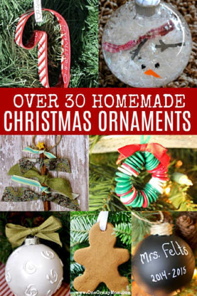 We've rounded up over 30 Easy Homemade Christmas Ornaments. These DIY ornament ideas are simple to make and many use what you already have. Try these fun DIY craft ideas! Your kids will love making these easy handmade ornaments for Christmas! #onecrazymom #christmasornaments #DIYornaments Collage of ornaments