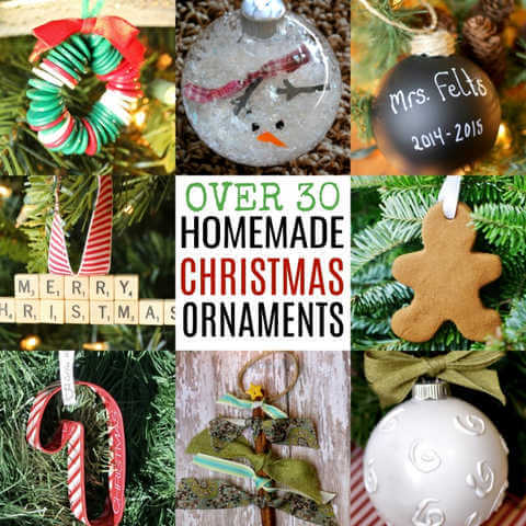 We've rounded up over 30 Easy Homemade Christmas Ornaments. These DIY ornament ideas are simple to make and many use what you already have. Try these fun DIY craft ideas! Your kids will love making these easy handmade ornaments for Christmas! #onecrazymom #christmasornaments #DIYornaments Collage of Christmas ornaments.