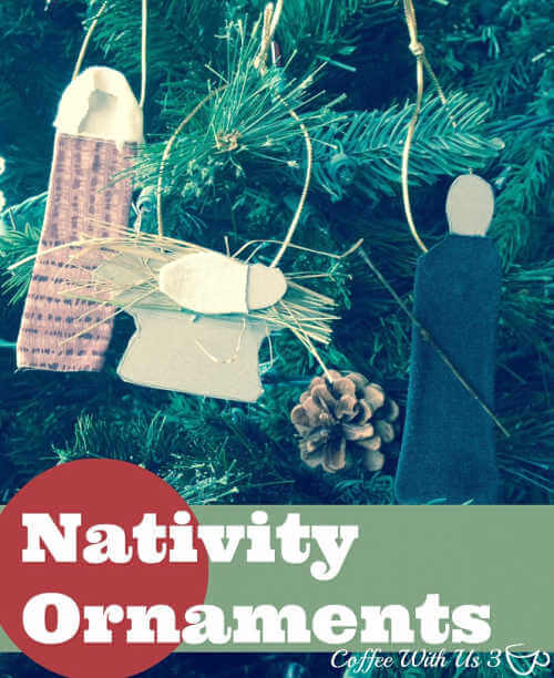 We've rounded up over 30 Easy Homemade Christmas Ornaments. These DIY ornament ideas are simple to make and many use what you already have. Try these fun DIY craft ideas! Your kids will love making these easy handmade ornaments for Christmas! #onecrazymom #christmasornaments #DIYornaments Nativity ornaments in tree.