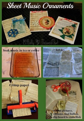 We've rounded up over 30 Easy Homemade Christmas Ornaments. These DIY ornament ideas are simple to make and many use what you already have. Try these fun DIY craft ideas! Your kids will love making these easy handmade ornaments for Christmas! #onecrazymom #christmasornaments #DIYornaments Sheet music ornaments