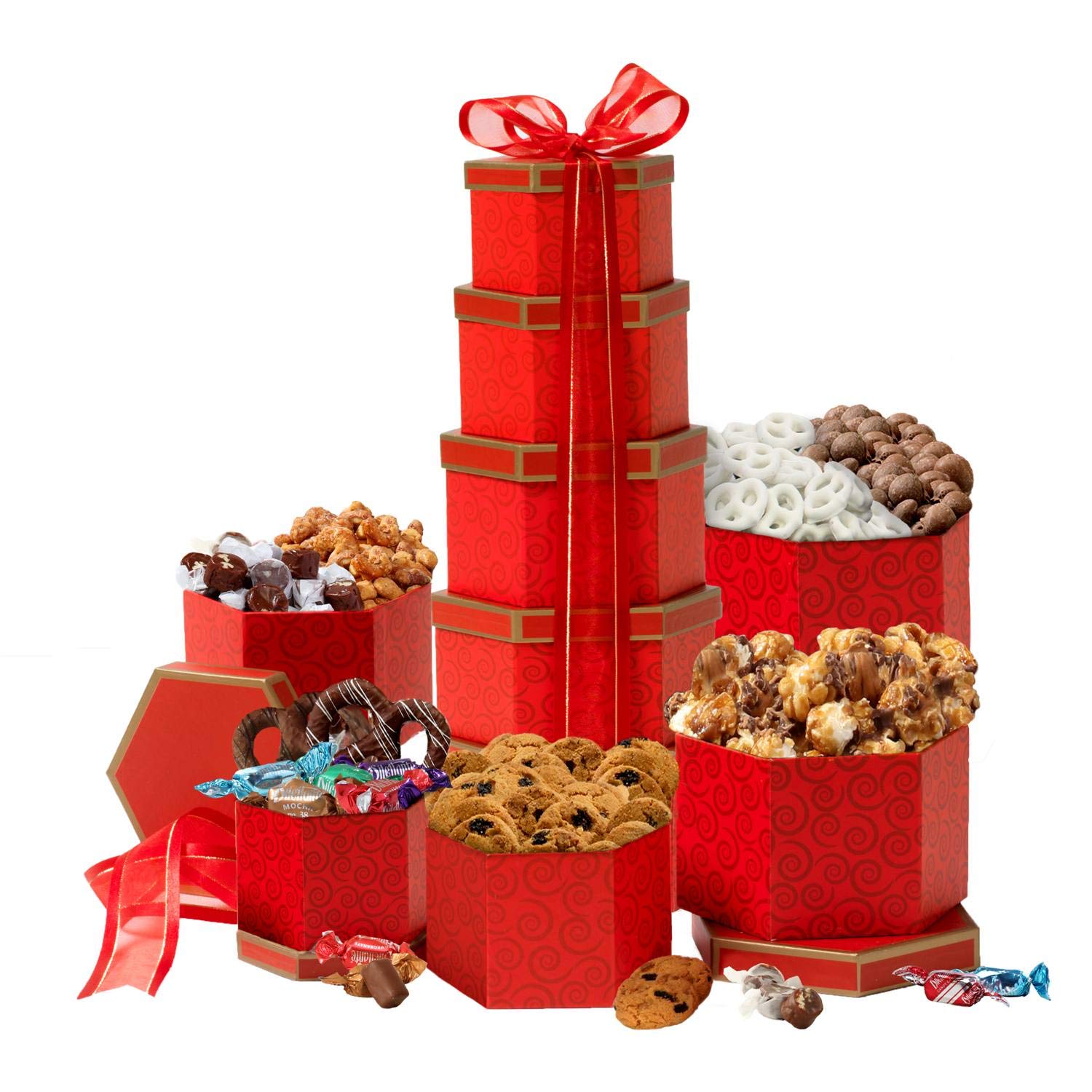 Check out these over 25 romantic Valentine's day gifts for her! Here are over 25 great Valentines day gift ideas that she will love and are affordable! These gifts range from jewelry to baskets to flowers and creative gift ideas. These are perfect for your girlfriends or your wife this year and are great for a teenager too! #onecrazymom #valentinesday #giftideas Candy Red Food Boxes stacked on top of each other to make a tower