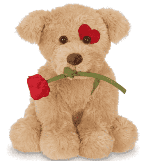 Plush stuffed animal puppy dog with a rose.